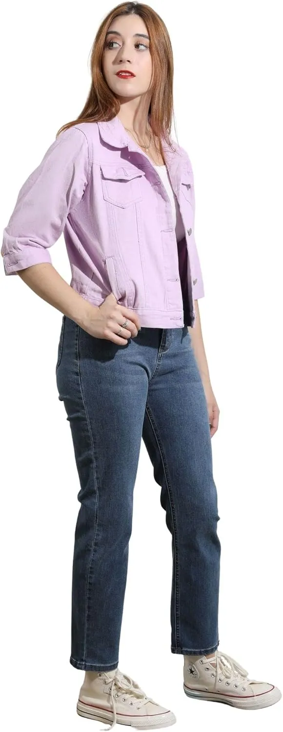 loveimgs Women Casual 3/4 Sleeve Button Down Cropped Denim Jean Jacket Motorcycle Short Jacket
