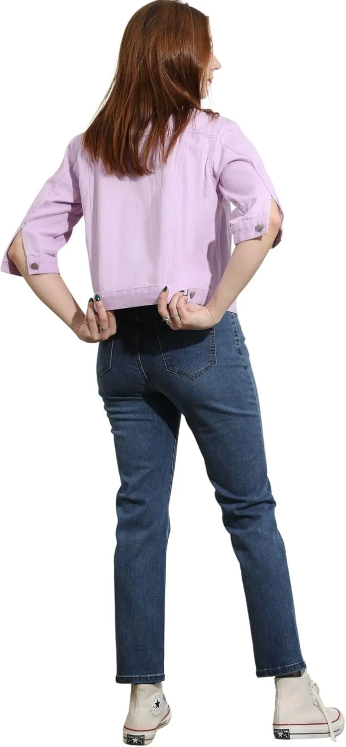 loveimgs Women Casual 3/4 Sleeve Button Down Cropped Denim Jean Jacket Motorcycle Short Jacket