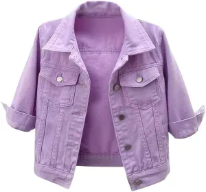 loveimgs Women Casual 3/4 Sleeve Button Down Cropped Denim Jean Jacket Motorcycle Short Jacket