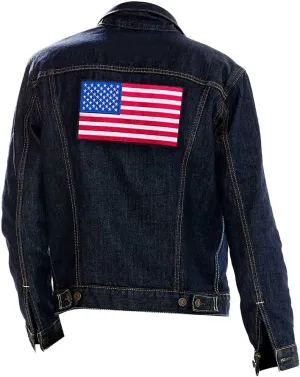 LP-FACON Men's USA American Flag Trucker Jacket - Dark Blue Denim Jeans Lightweight Outerwear Jacket