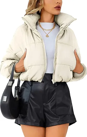 Lumister Womens Lightweight Quilted Jacket Long Sleeve Stand Collar Zipper Cropped Puffer Jacket Coat