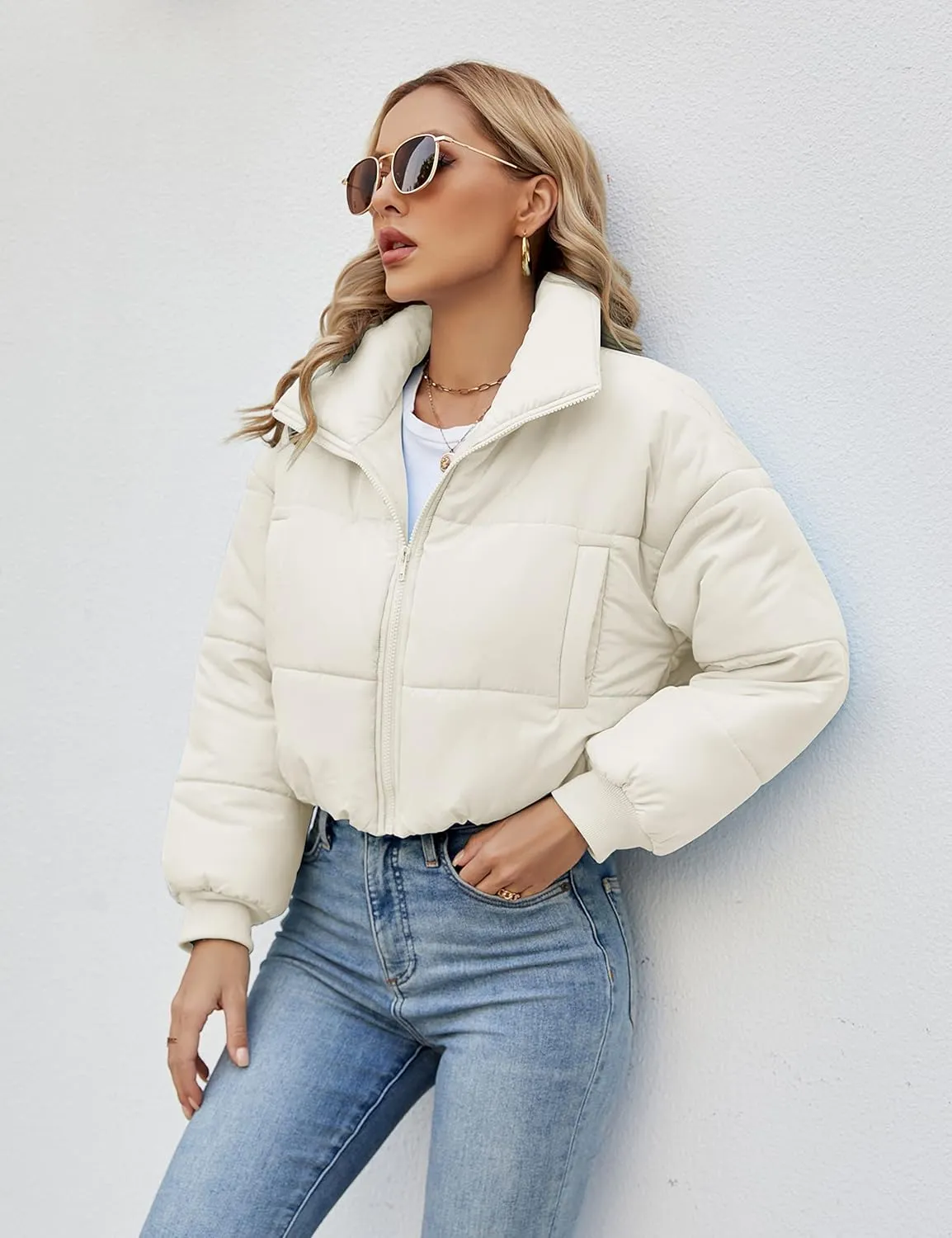 Lumister Womens Lightweight Quilted Jacket Long Sleeve Stand Collar Zipper Cropped Puffer Jacket Coat