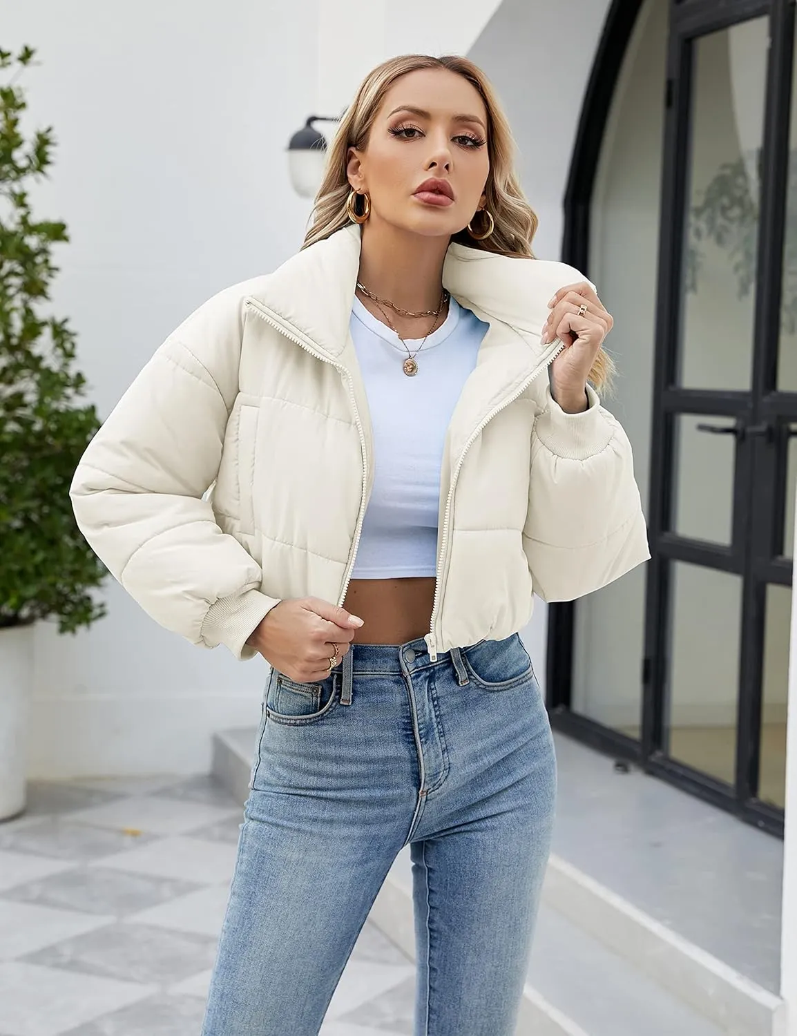 Lumister Womens Lightweight Quilted Jacket Long Sleeve Stand Collar Zipper Cropped Puffer Jacket Coat