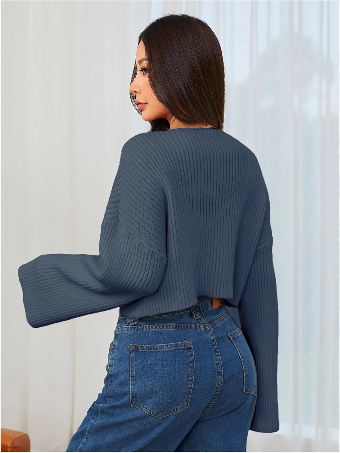 MakeMeChic Women's Cream Cropped Sweater Knit Crop Top Sweater V Neck Drop Shoulder Long Sleeve Pullover