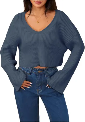 MakeMeChic Women's Cream Cropped Sweater Knit Crop Top Sweater V Neck Drop Shoulder Long Sleeve Pullover