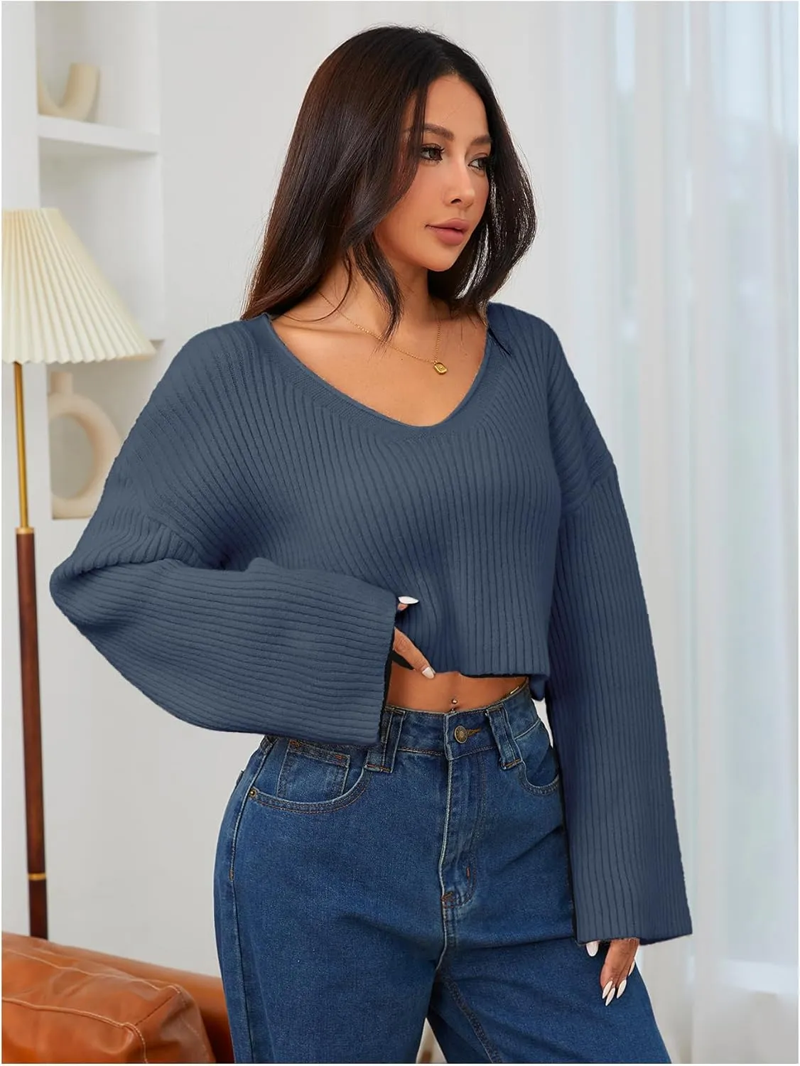 MakeMeChic Women's Cream Cropped Sweater Knit Crop Top Sweater V Neck Drop Shoulder Long Sleeve Pullover