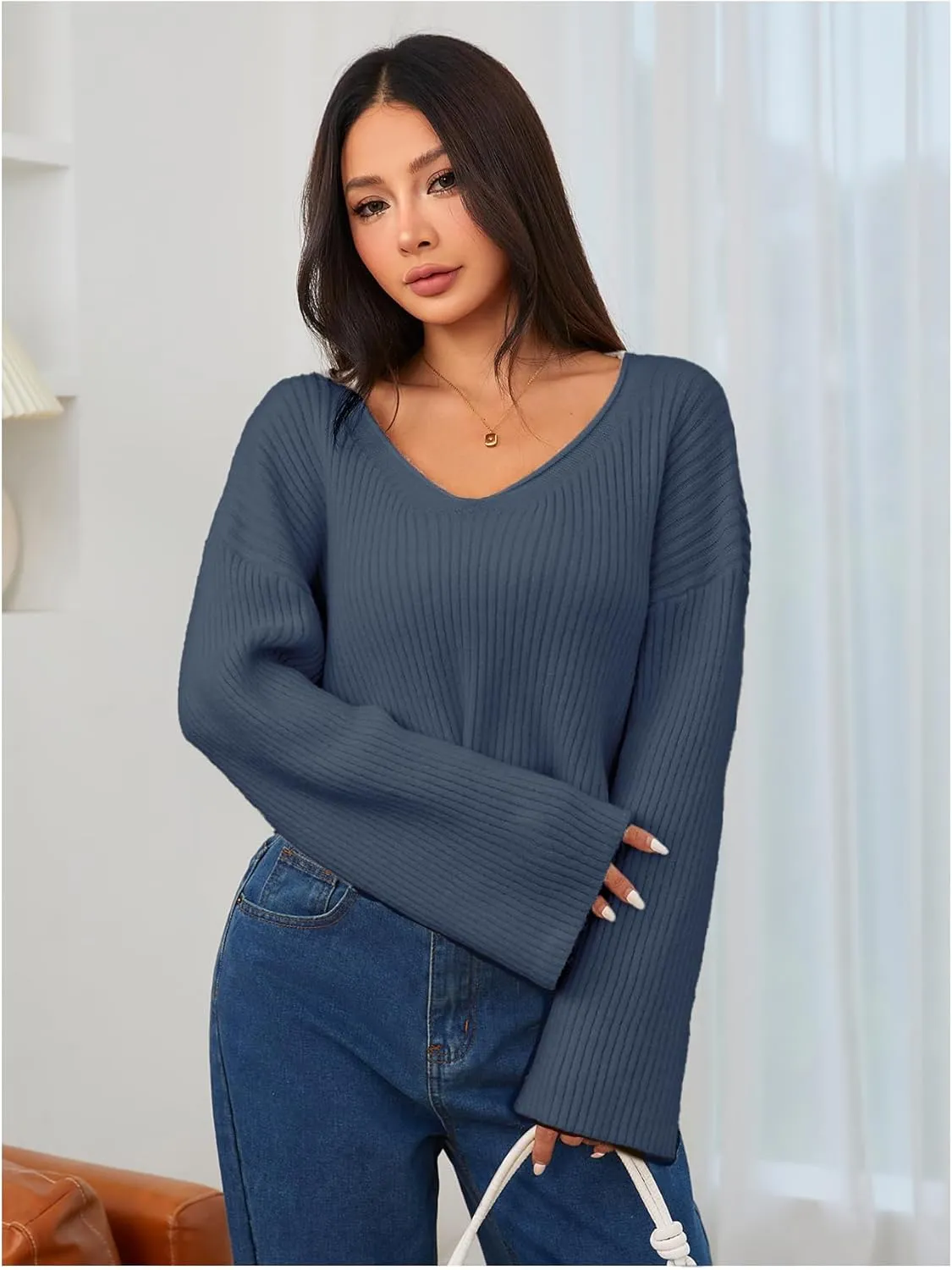 MakeMeChic Women's Cream Cropped Sweater Knit Crop Top Sweater V Neck Drop Shoulder Long Sleeve Pullover