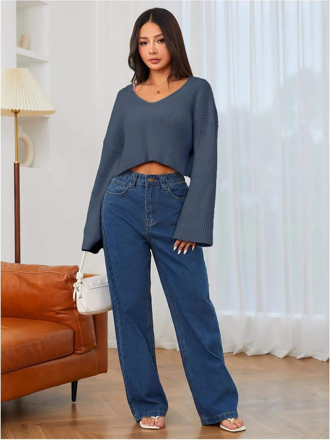 MakeMeChic Women's Cream Cropped Sweater Knit Crop Top Sweater V Neck Drop Shoulder Long Sleeve Pullover
