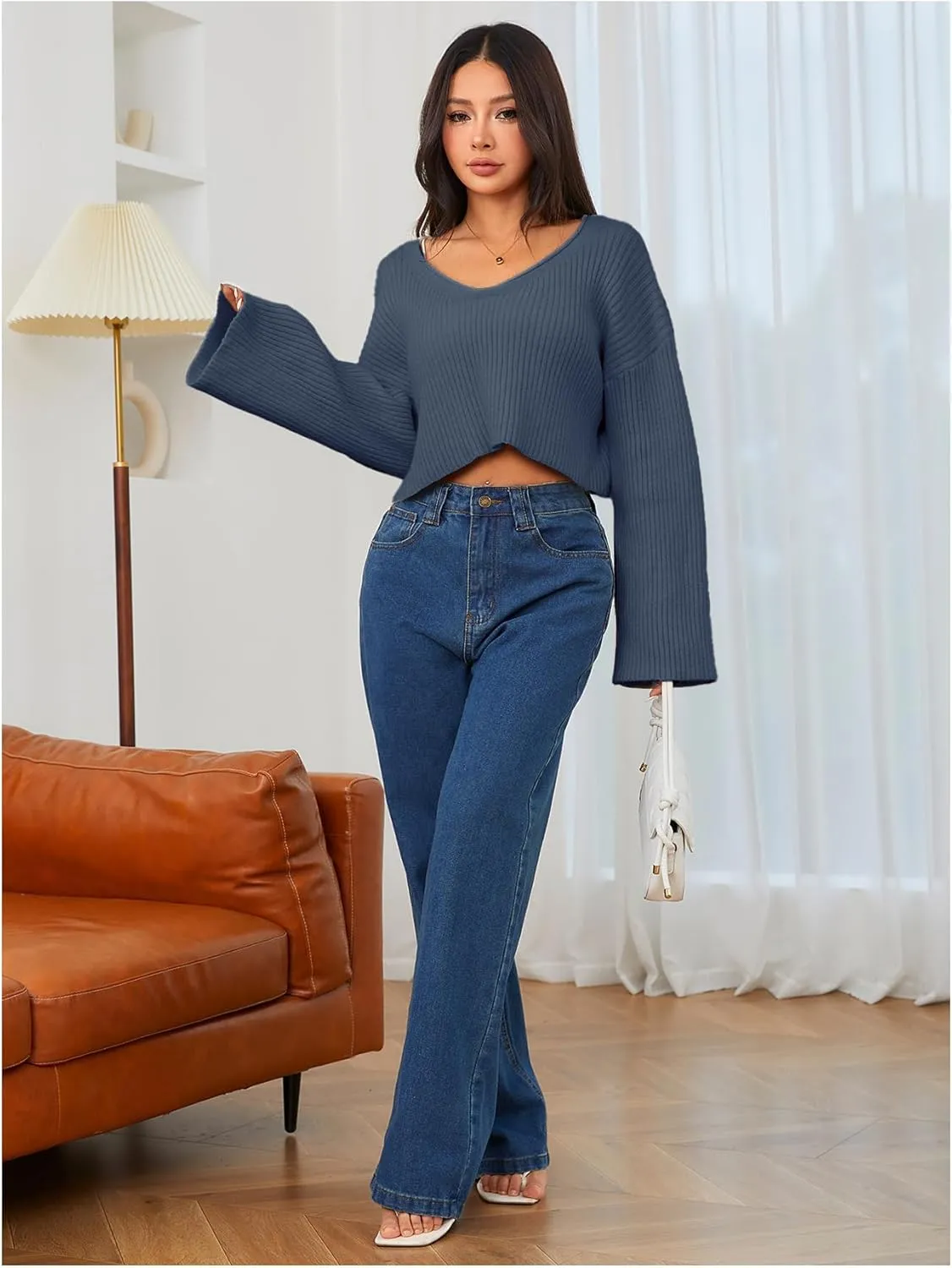 MakeMeChic Women's Cream Cropped Sweater Knit Crop Top Sweater V Neck Drop Shoulder Long Sleeve Pullover