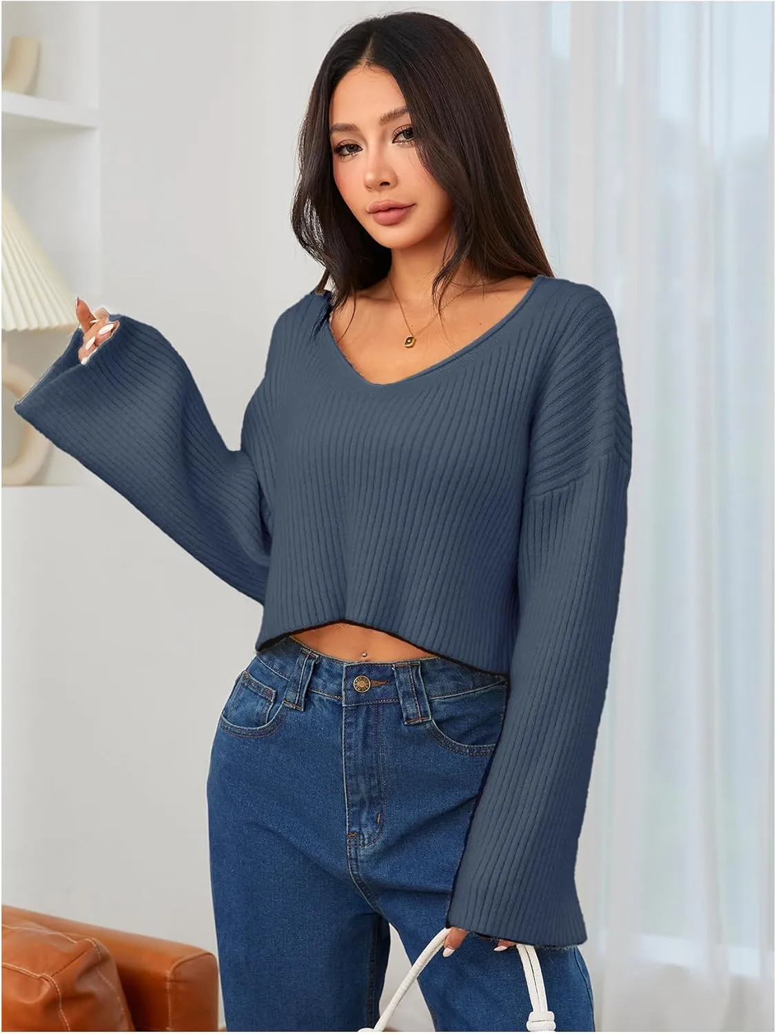 MakeMeChic Women's Cream Cropped Sweater Knit Crop Top Sweater V Neck Drop Shoulder Long Sleeve Pullover