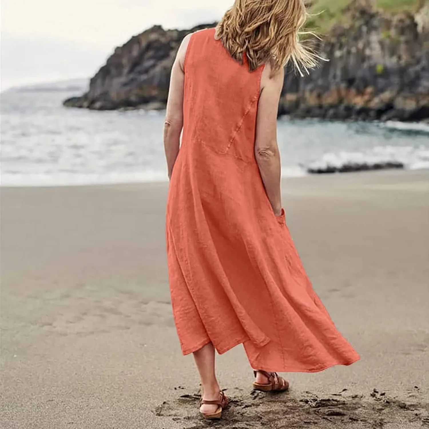 Maxi Dress for Women,2024 Summer Trendy Plain Plus Size Cotton Linen Dress,Casual Crewneck Sleeveless Flowy Sundress
