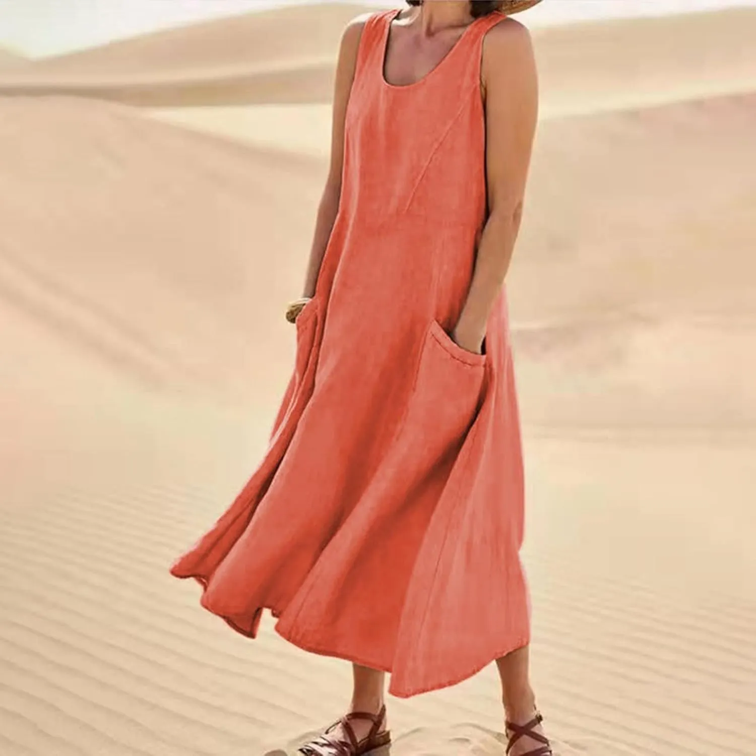 Maxi Dress for Women,2024 Summer Trendy Plain Plus Size Cotton Linen Dress,Casual Crewneck Sleeveless Flowy Sundress