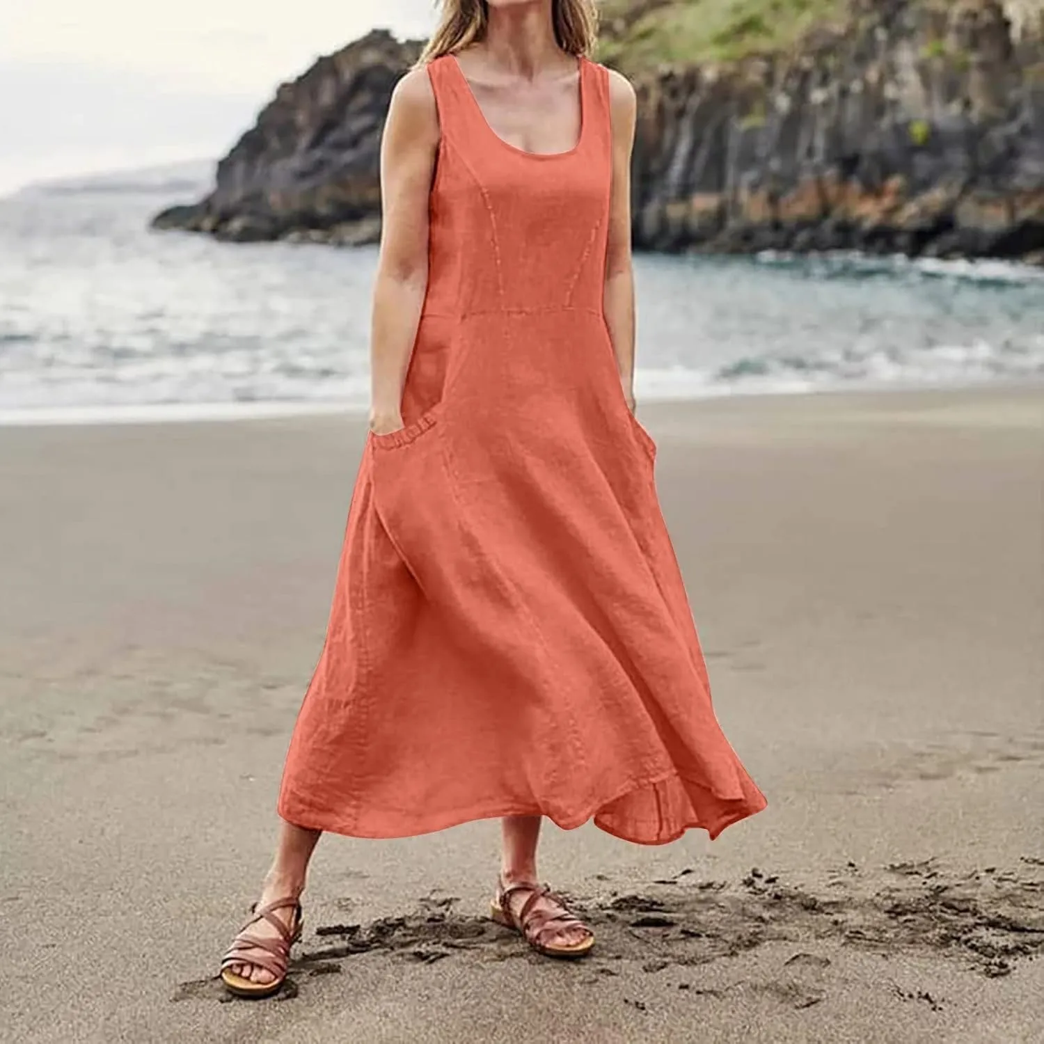 Maxi Dress for Women,2024 Summer Trendy Plain Plus Size Cotton Linen Dress,Casual Crewneck Sleeveless Flowy Sundress