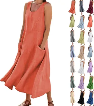 Maxi Dress for Women,2024 Summer Trendy Plain Plus Size Cotton Linen Dress,Casual Crewneck Sleeveless Flowy Sundress