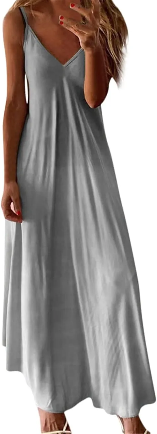Maxi Dresses for Women 2025 Casual Strappy V Neck Sleeveless Summer Dresses Flowy Pleated Loose Beach Long Dress