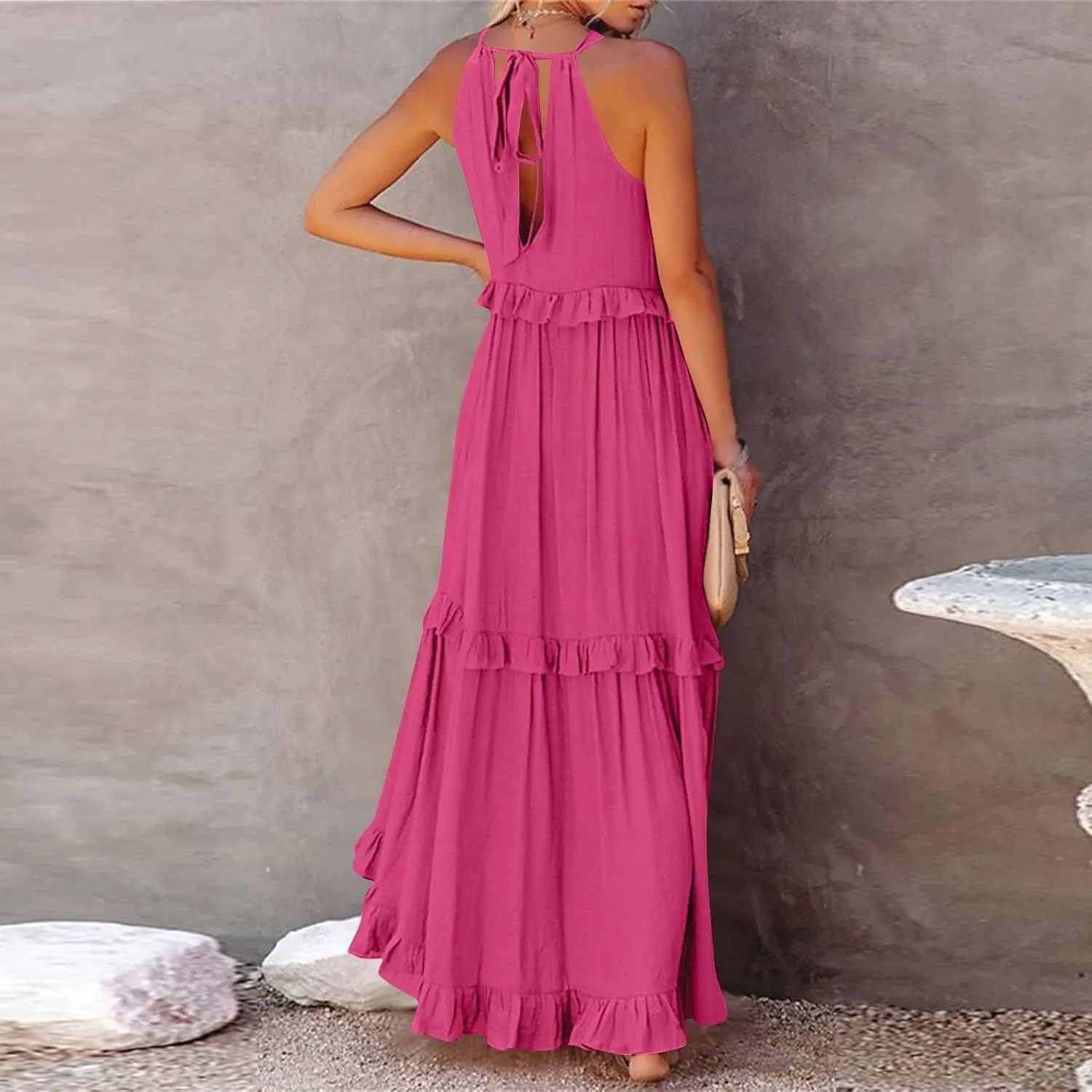 Maxi Dresses for Women 2025 Summer Sleeveless Halter Long Dress Loose Tiered Flowy Swing Smocked Ruffle Beach Dress