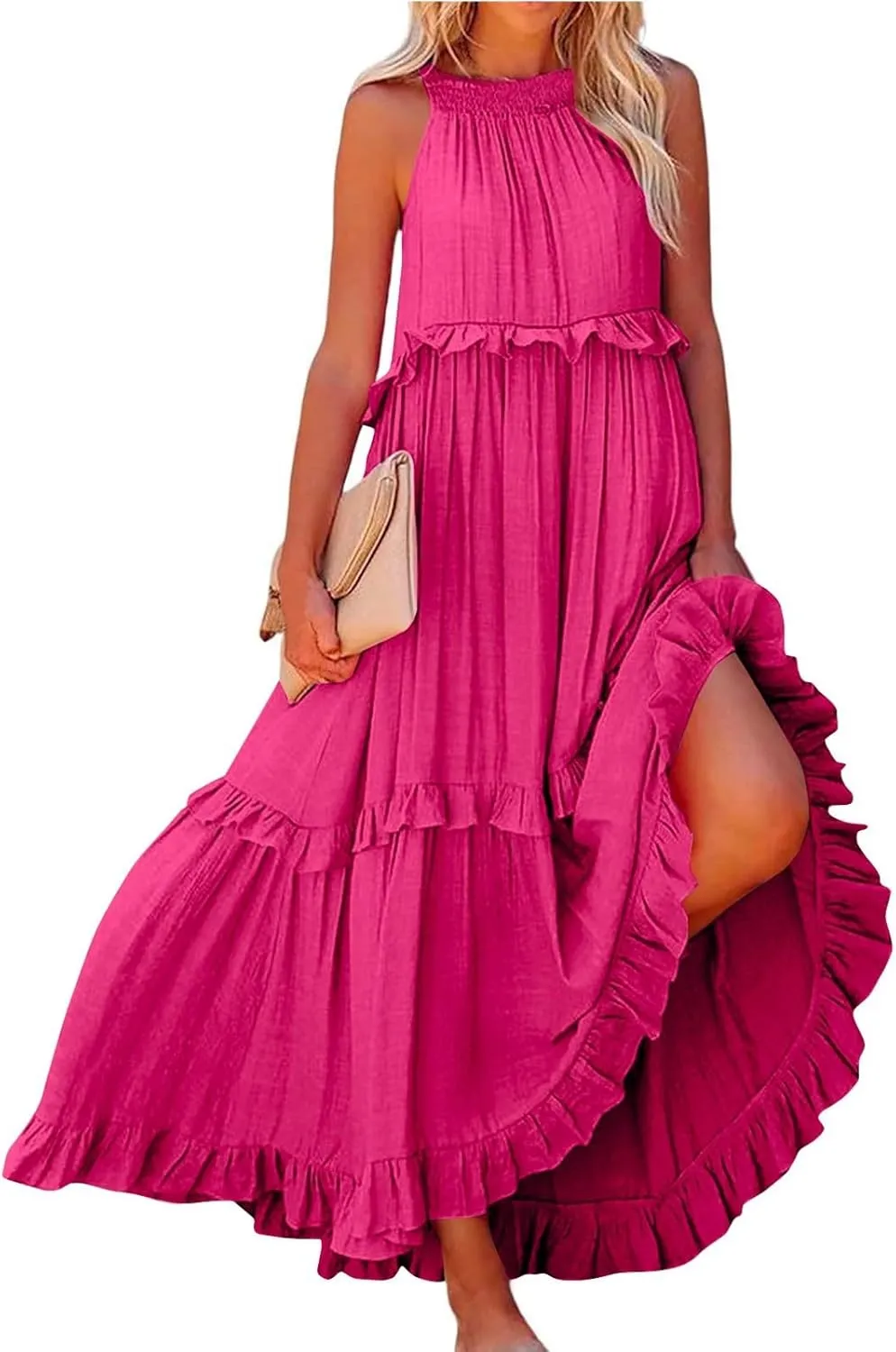 Maxi Dresses for Women 2025 Summer Sleeveless Halter Long Dress Loose Tiered Flowy Swing Smocked Ruffle Beach Dress