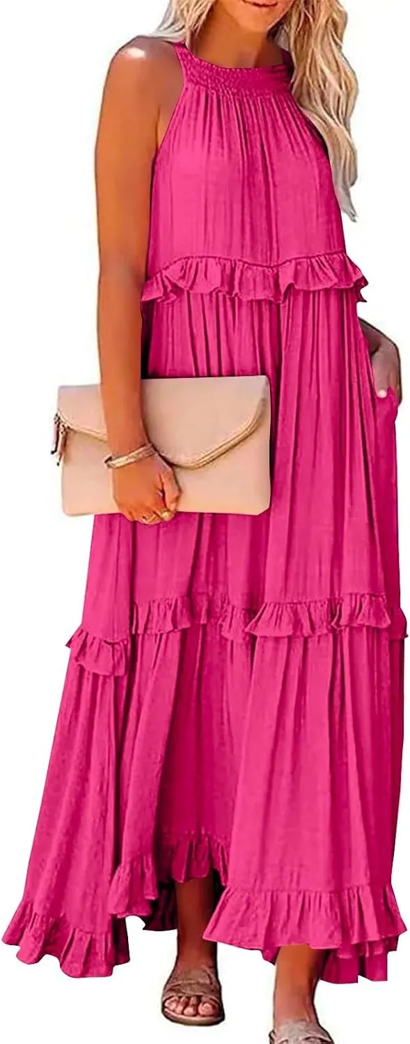 Maxi Dresses for Women 2025 Summer Sleeveless Halter Long Dress Loose Tiered Flowy Swing Smocked Ruffle Beach Dress
