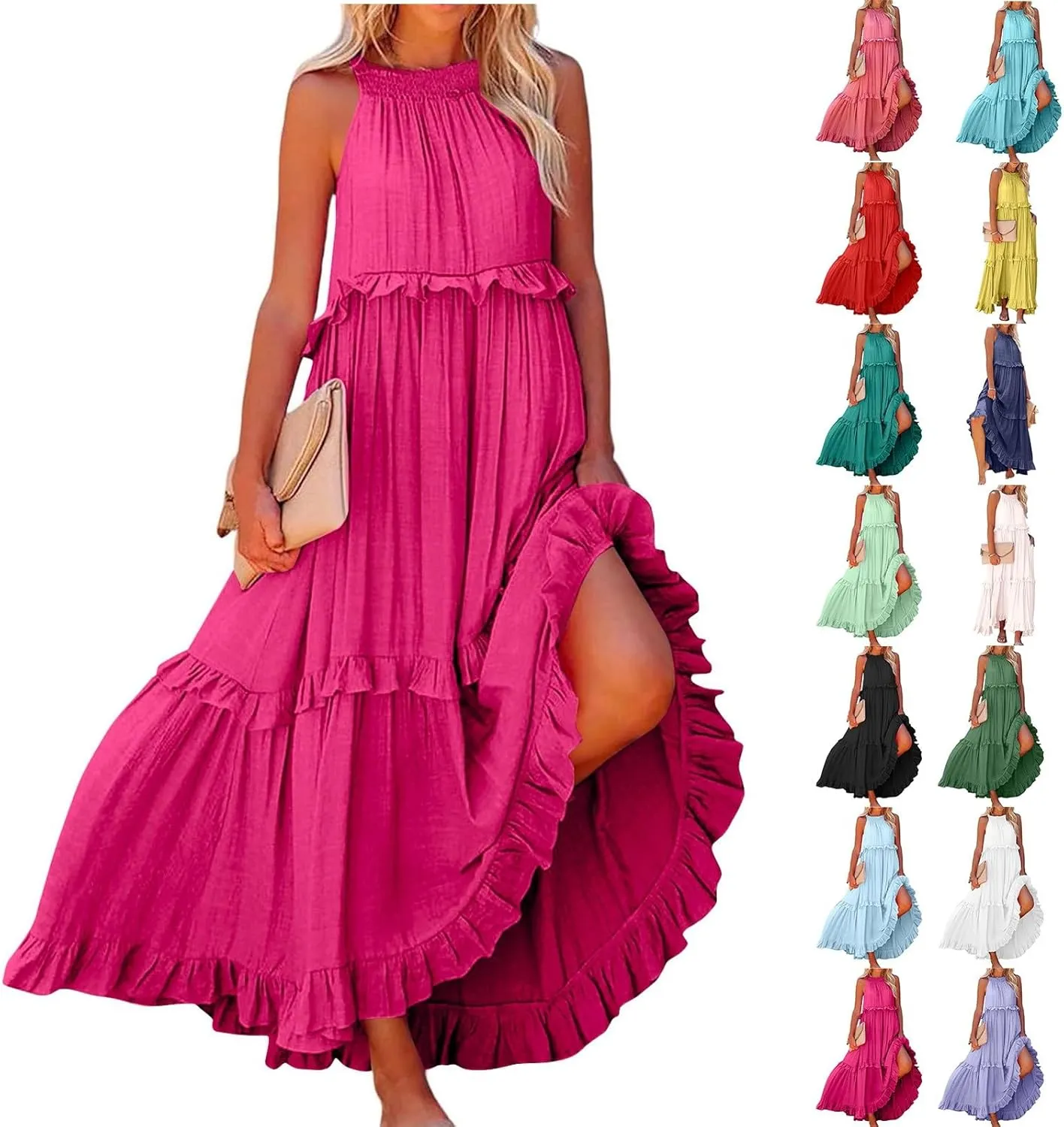 Maxi Dresses for Women 2025 Summer Sleeveless Halter Long Dress Loose Tiered Flowy Swing Smocked Ruffle Beach Dress