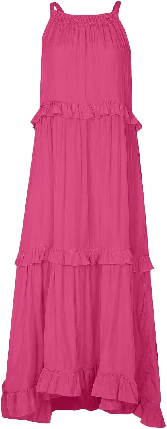 Maxi Dresses for Women 2025 Summer Sleeveless Halter Long Dress Loose Tiered Flowy Swing Smocked Ruffle Beach Dress