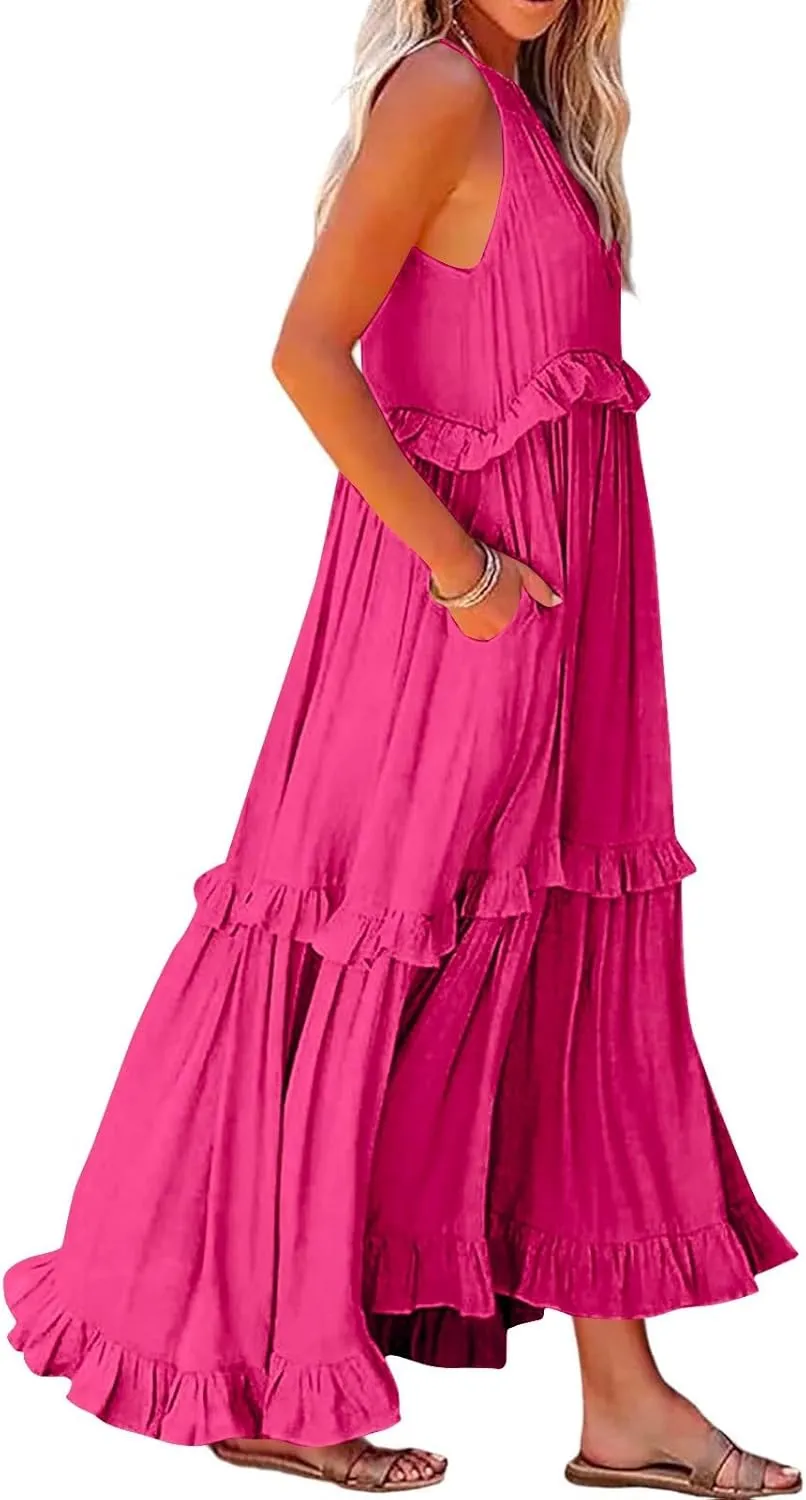 Maxi Dresses for Women 2025 Summer Sleeveless Halter Long Dress Loose Tiered Flowy Swing Smocked Ruffle Beach Dress