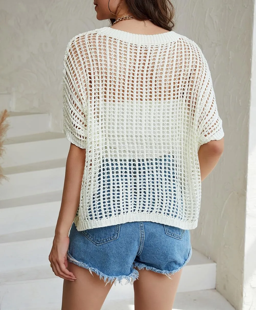 Melliflo Womens Fashion Sweater Casual Off The Shoulder Short Sleeve Hollow Out Sweater Pullover Knit Tops