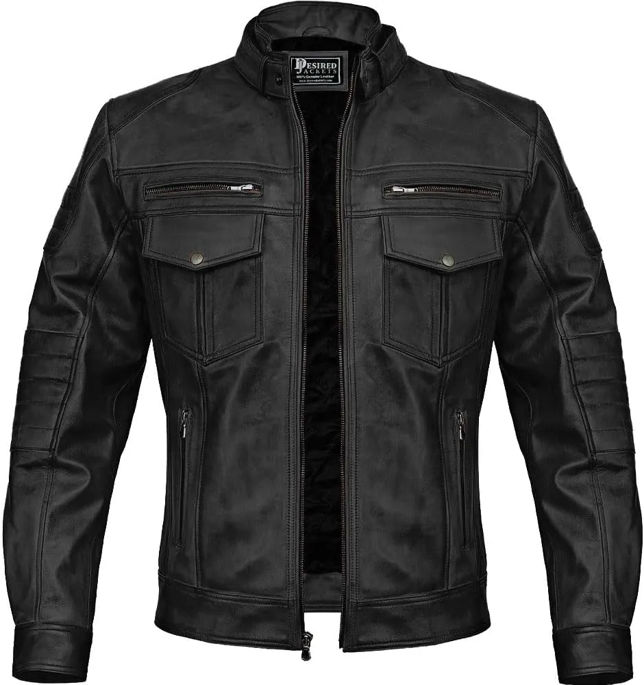 Men Cafe Racer Motorcycle Style Solid Color Leather Jacket Slim Fit Motorcycle Brown Leather Jacket Moto Rider Cafe Racer