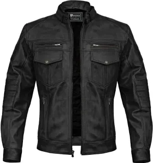 Men Cafe Racer Motorcycle Style Solid Color Leather Jacket Slim Fit Motorcycle Brown Leather Jacket Moto Rider Cafe Racer