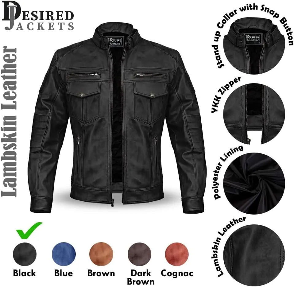 Men Cafe Racer Motorcycle Style Solid Color Leather Jacket Slim Fit Motorcycle Brown Leather Jacket Moto Rider Cafe Racer