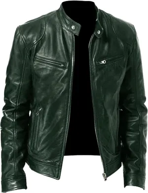 Men Leather Motorcycle Jacket Stand Collar Faux Leather Jackets Zip-Up Slim Fit Biker Coat