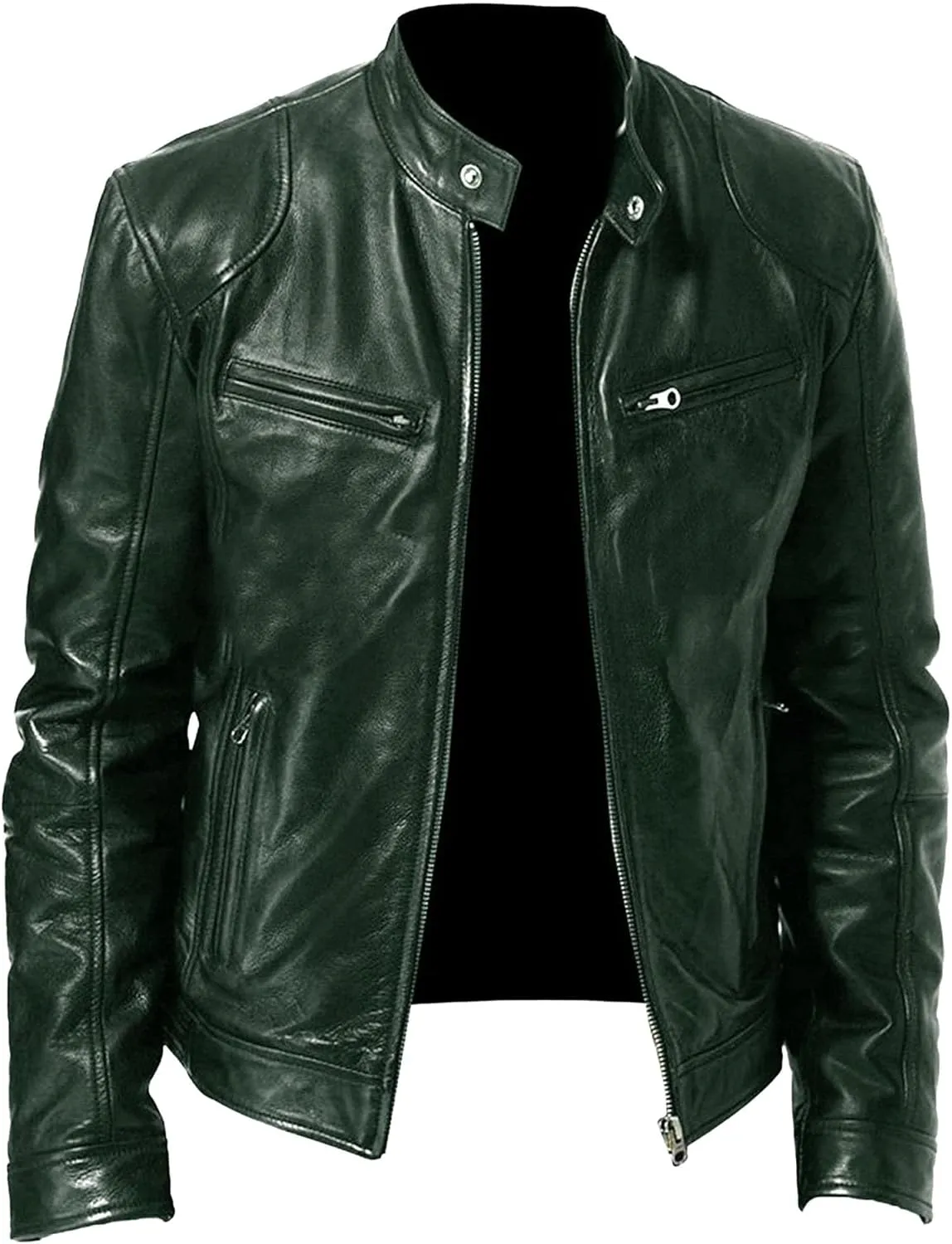 Men Leather Motorcycle Jacket Stand Collar Faux Leather Jackets Zip-Up Slim Fit Biker Coat