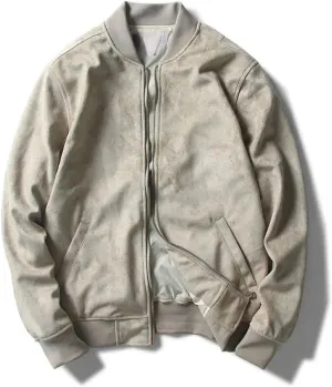 Men Suede Leather Baseball Jacket Spring Autumn Solid Color Outwear Coats Vintage Stand Collar