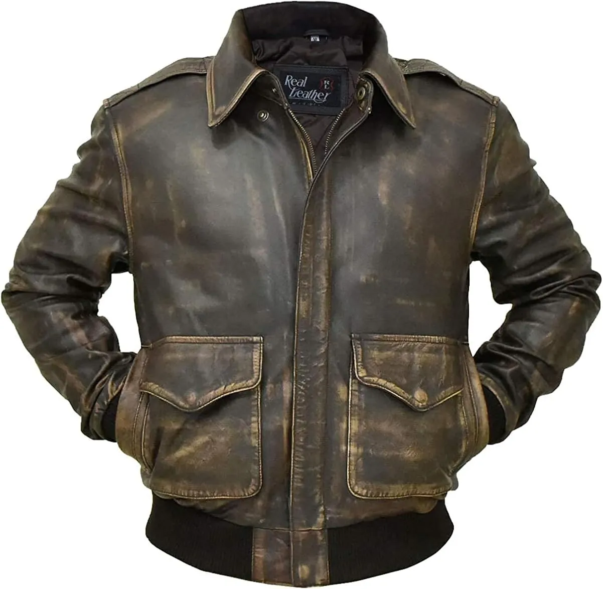 Men's A2 Aviator Pilot Flight Distressed Brown Leather Jacket - WW2 USAAF Air Force Flying Bomber Outerwear