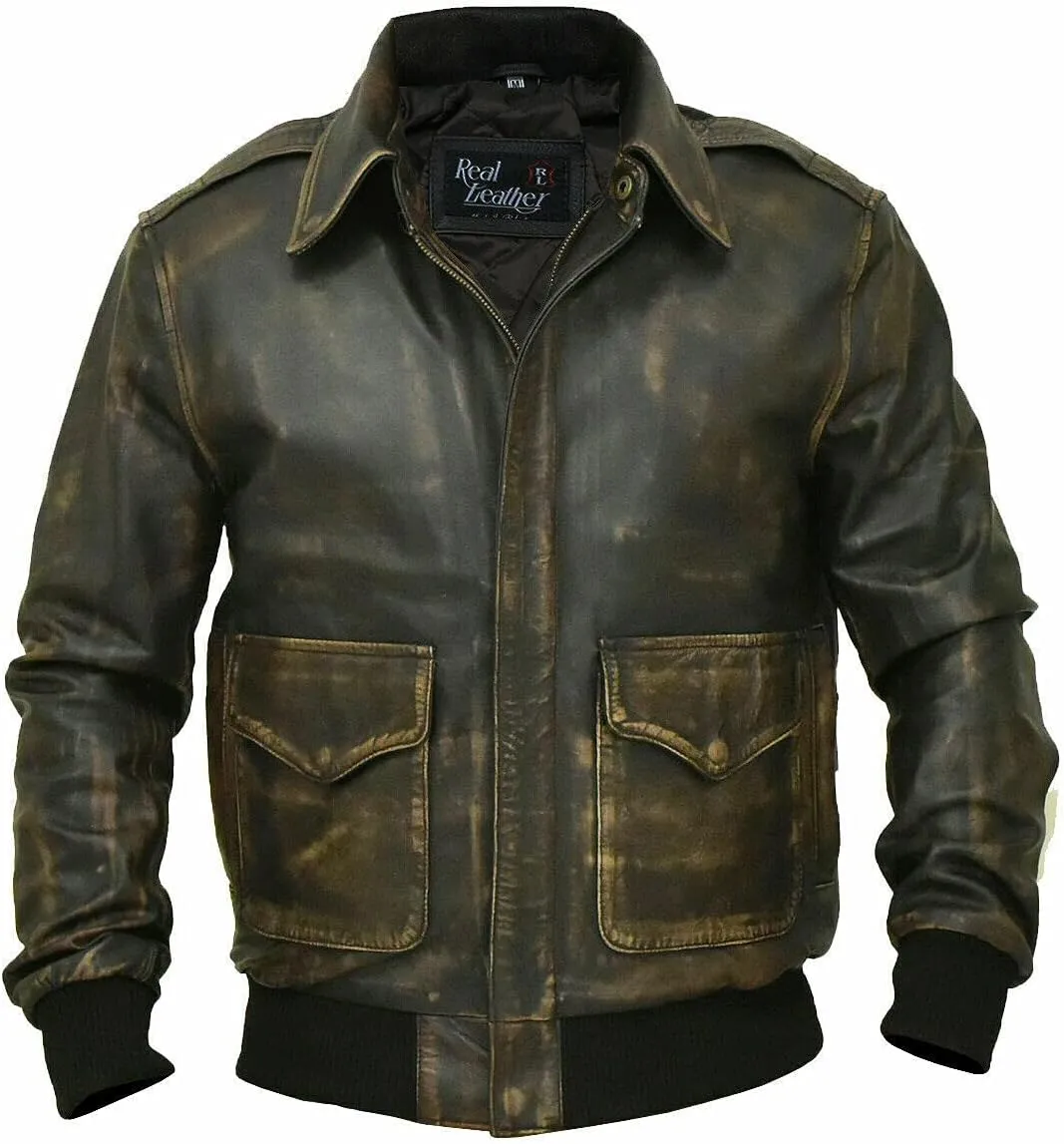 Men's A2 Aviator Pilot Flight Distressed Brown Leather Jacket - WW2 USAAF Air Force Flying Bomber Outerwear