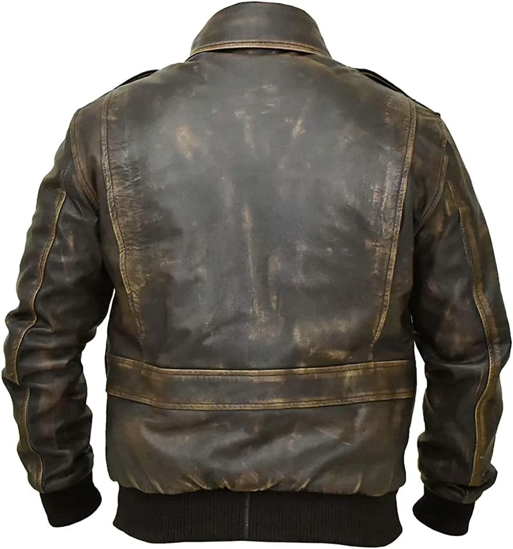 Men's A2 Aviator Pilot Flight Distressed Brown Leather Jacket - WW2 USAAF Air Force Flying Bomber Outerwear