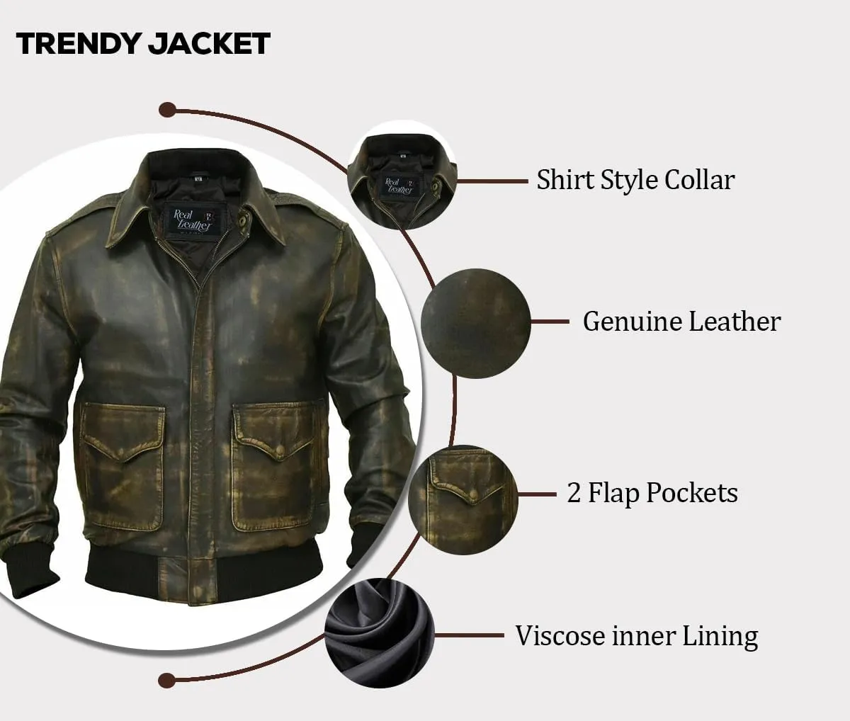 Men's A2 Aviator Pilot Flight Distressed Brown Leather Jacket - WW2 USAAF Air Force Flying Bomber Outerwear