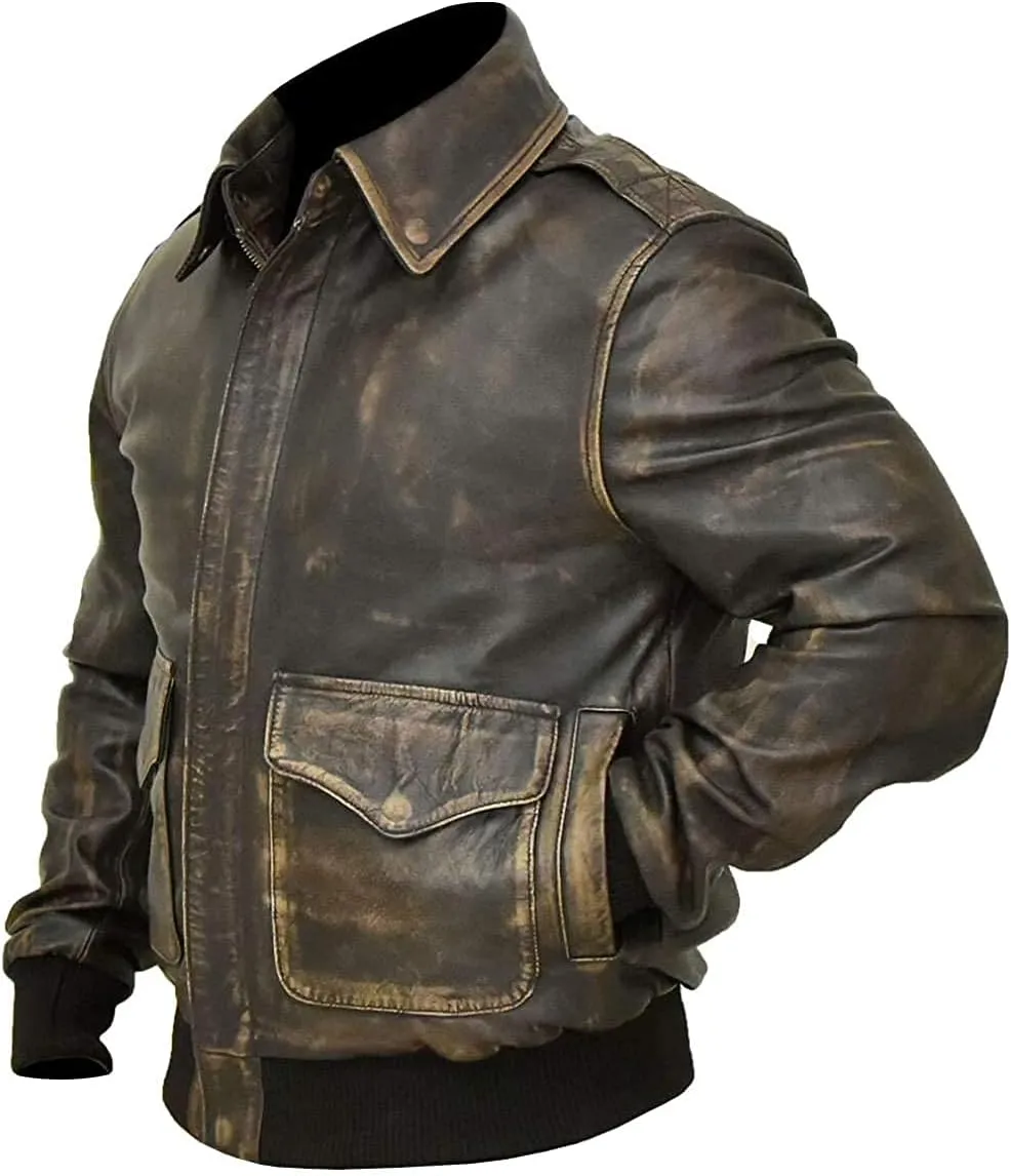 Men's A2 Aviator Pilot Flight Distressed Brown Leather Jacket - WW2 USAAF Air Force Flying Bomber Outerwear