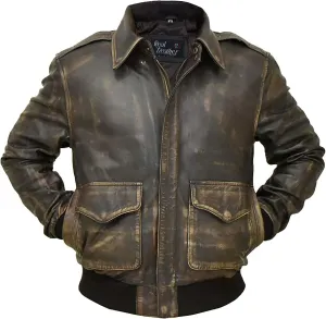 Men's A2 Aviator Pilot Flight Distressed Brown Leather Jacket - WW2 USAAF Air Force Flying Bomber Outerwear