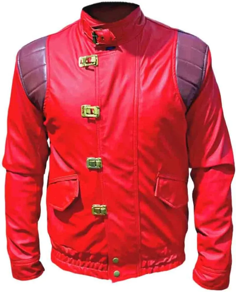 Mens Akira Shotaro Kaneda Red&Black Capsule Logo Text Cosplay Faux Leather Jacket, XXS