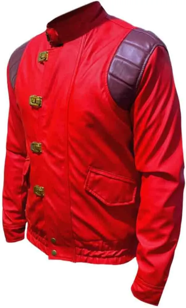 Mens Akira Shotaro Kaneda Red&Black Capsule Logo Text Cosplay Faux Leather Jacket, XXS