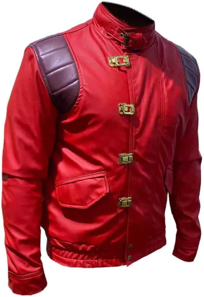 Mens Akira Shotaro Kaneda Red&Black Capsule Logo Text Cosplay Faux Leather Jacket, XXS