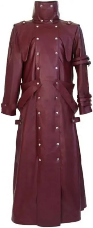 Mens Anime Cosplay Costume Maroon Genuine Leather Belted Trench Coat