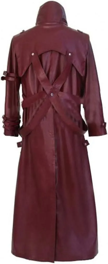 Mens Anime Cosplay Costume Maroon Genuine Leather Belted Trench Coat