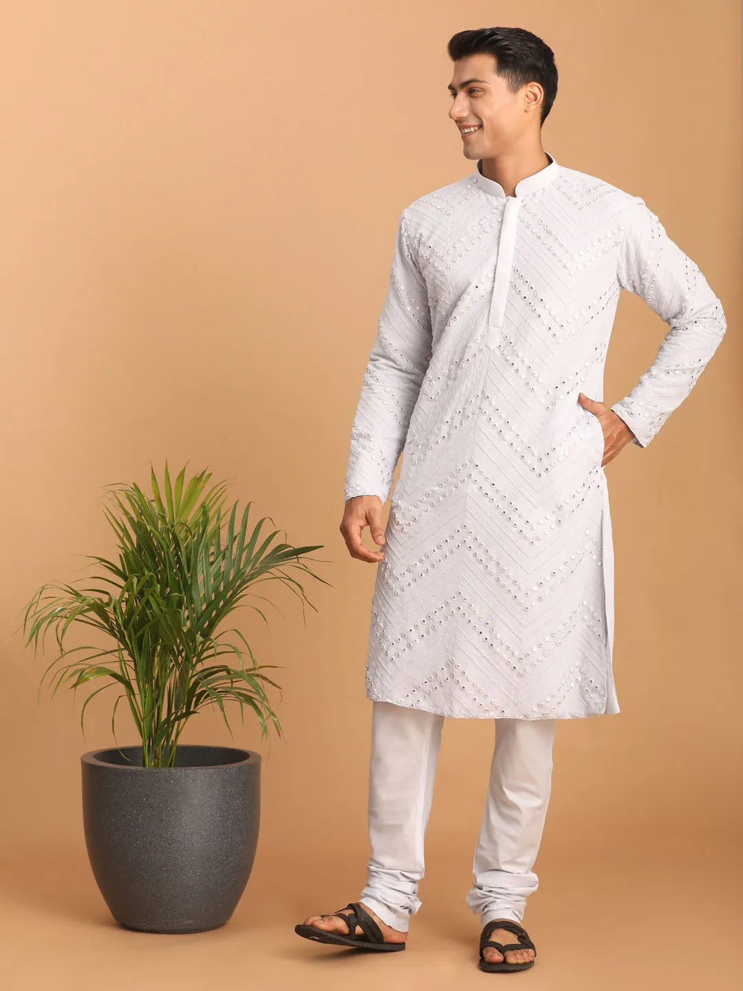 Men's Aqua Blue Mirror Work Kurta - VASTRAMAY