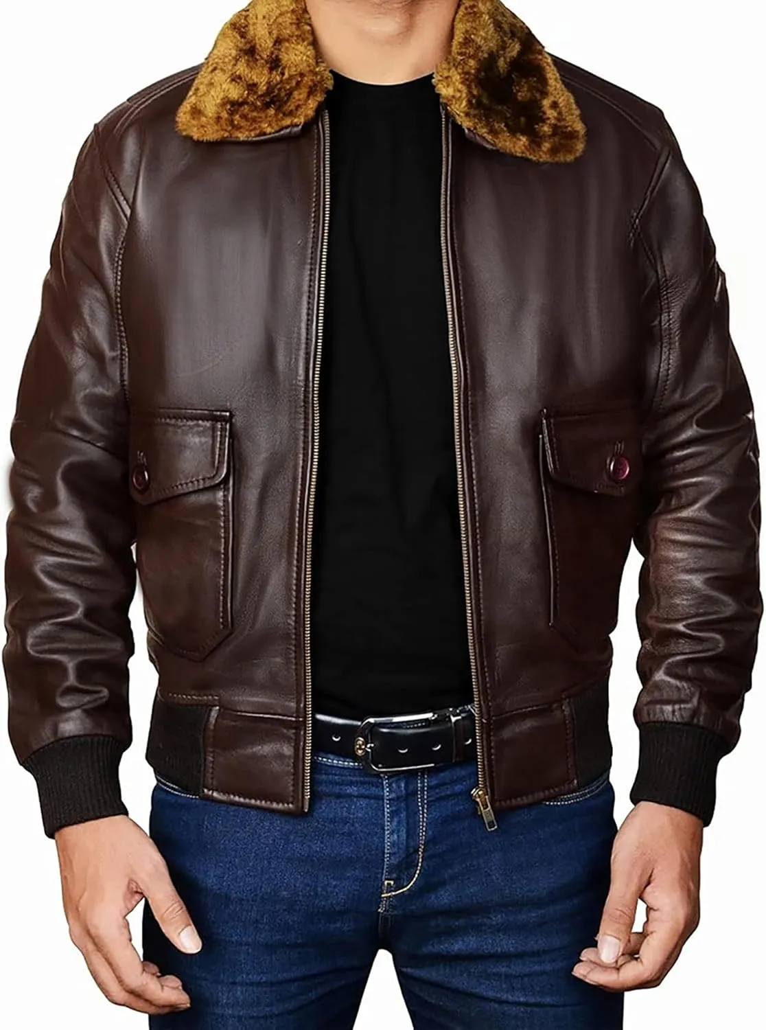 Men's Aviator USAAF Pilot Flying Multiple Patches G1 Bomber Fur Collar Brown Leather Jacket