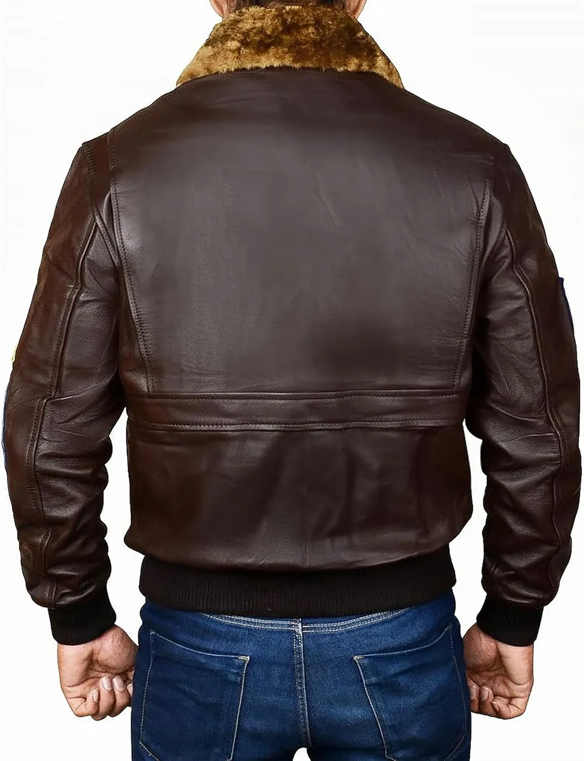 Men's Aviator USAAF Pilot Flying Multiple Patches G1 Bomber Fur Collar Brown Leather Jacket