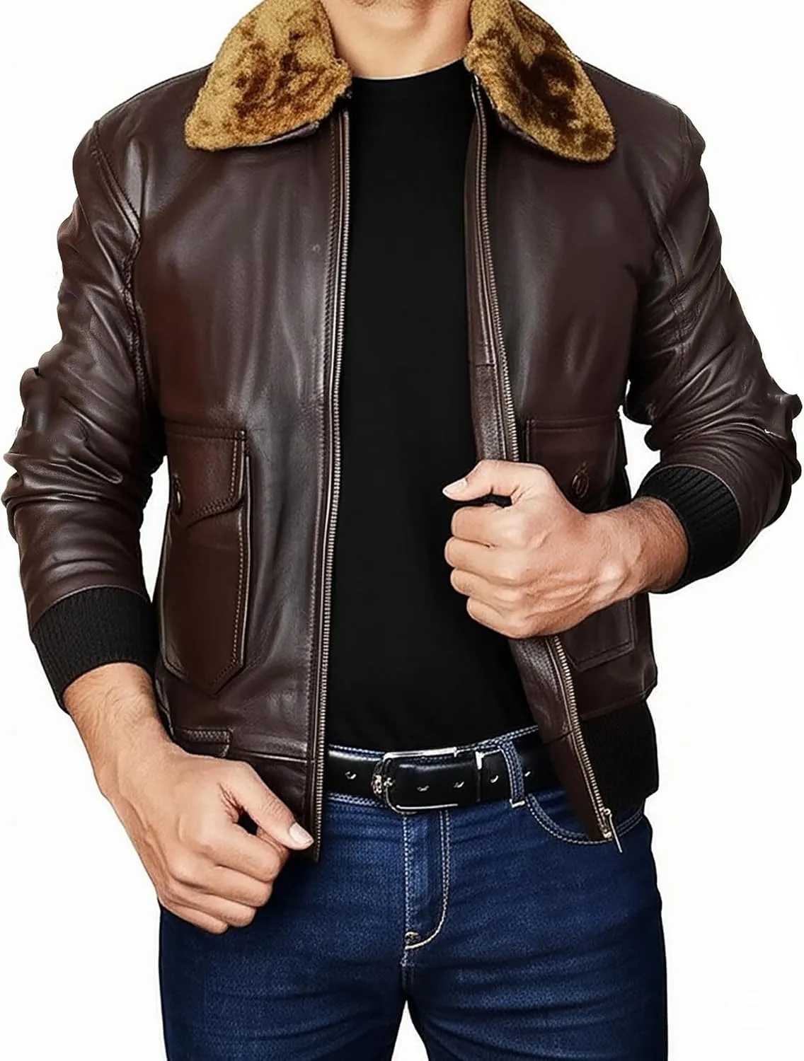 Men's Aviator USAAF Pilot Flying Multiple Patches G1 Bomber Fur Collar Brown Leather Jacket