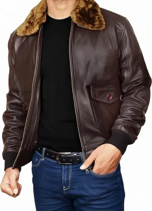 Men's Aviator USAAF Pilot Flying Multiple Patches G1 Bomber Fur Collar Brown Leather Jacket