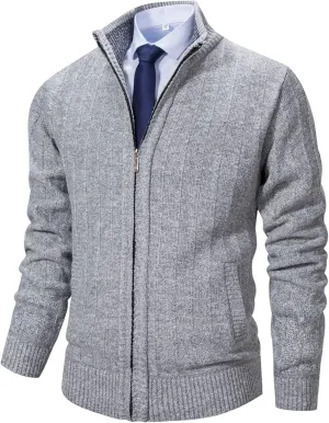 Men's Cardigan Sweaters Full Zip Up Stand Collar Slim Fit Casual Knitted Sweater with 2 Front Pockets