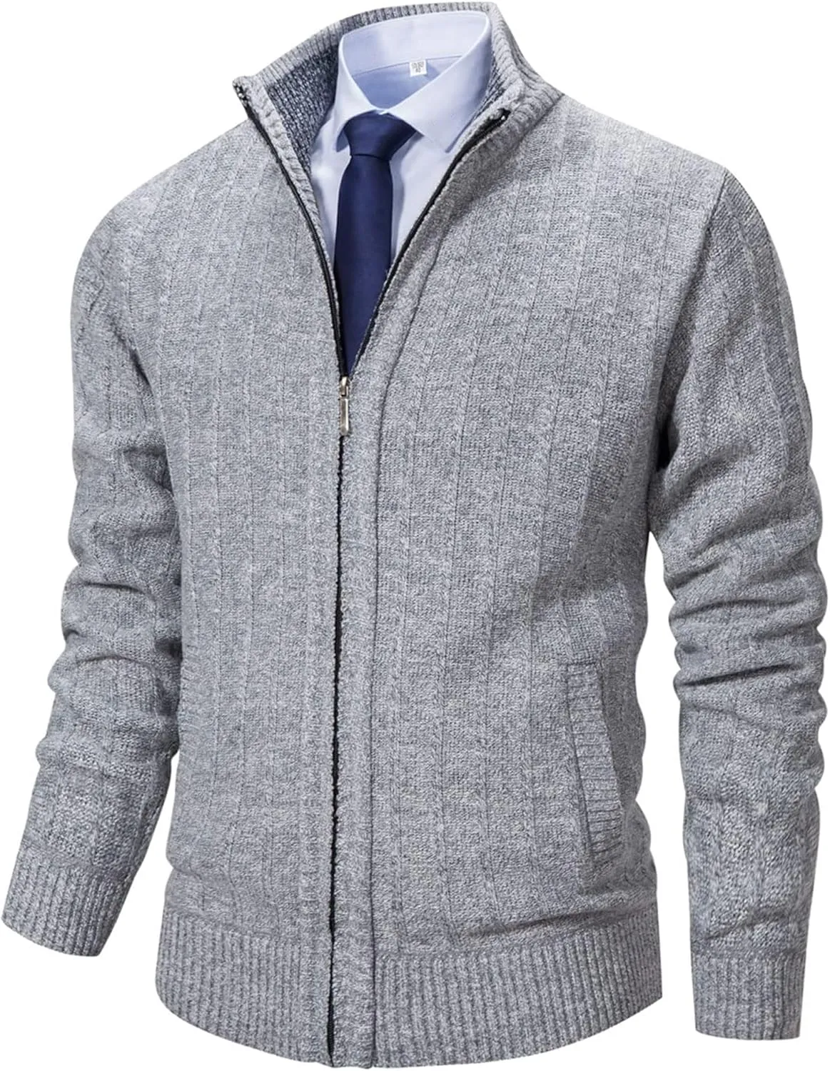 Men's Cardigan Sweaters Full Zip Up Stand Collar Slim Fit Casual Knitted Sweater with 2 Front Pockets